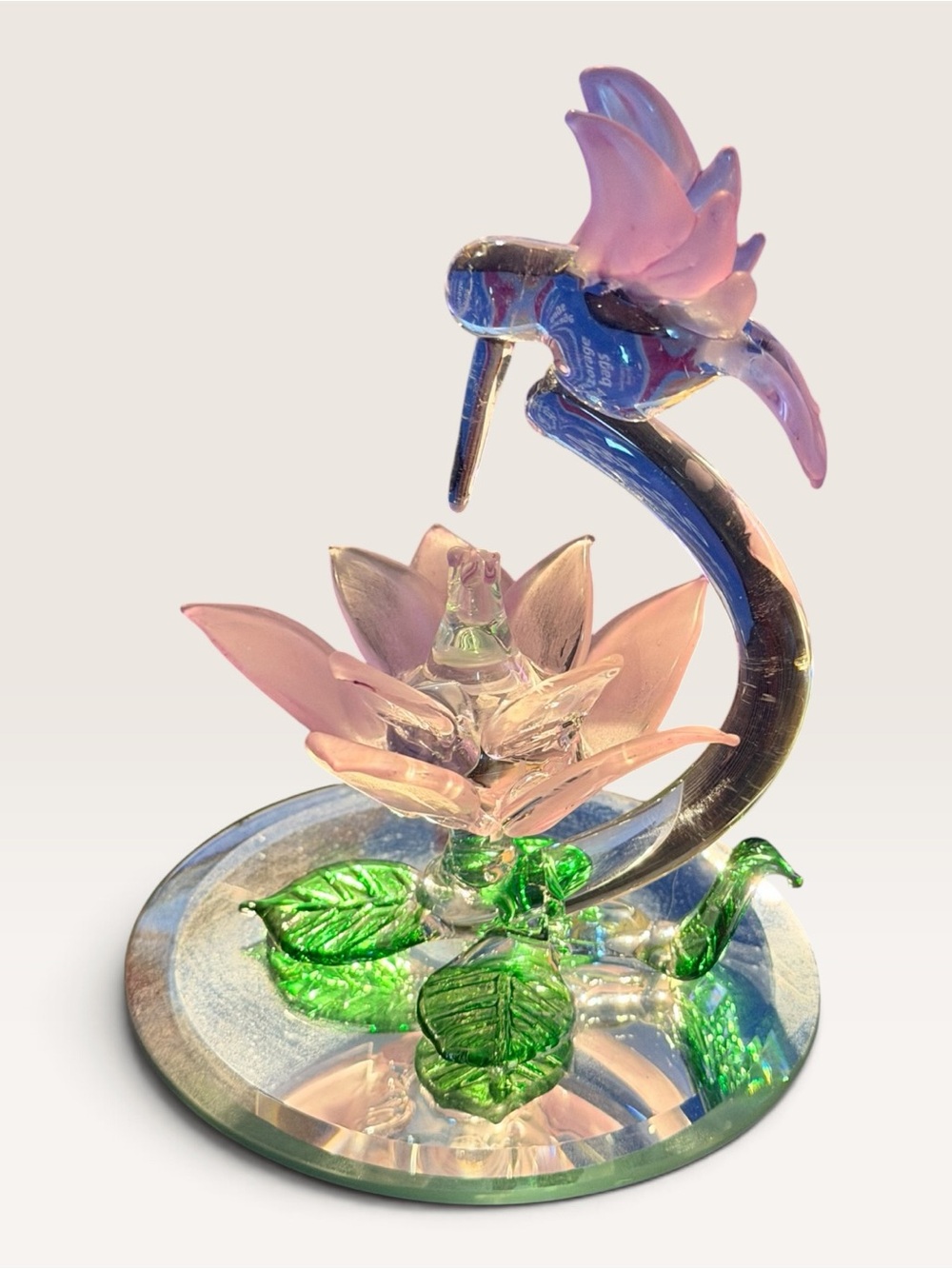 Vintage Glass Baron Hummingbird Pink Flower Figurine Mirrored Base